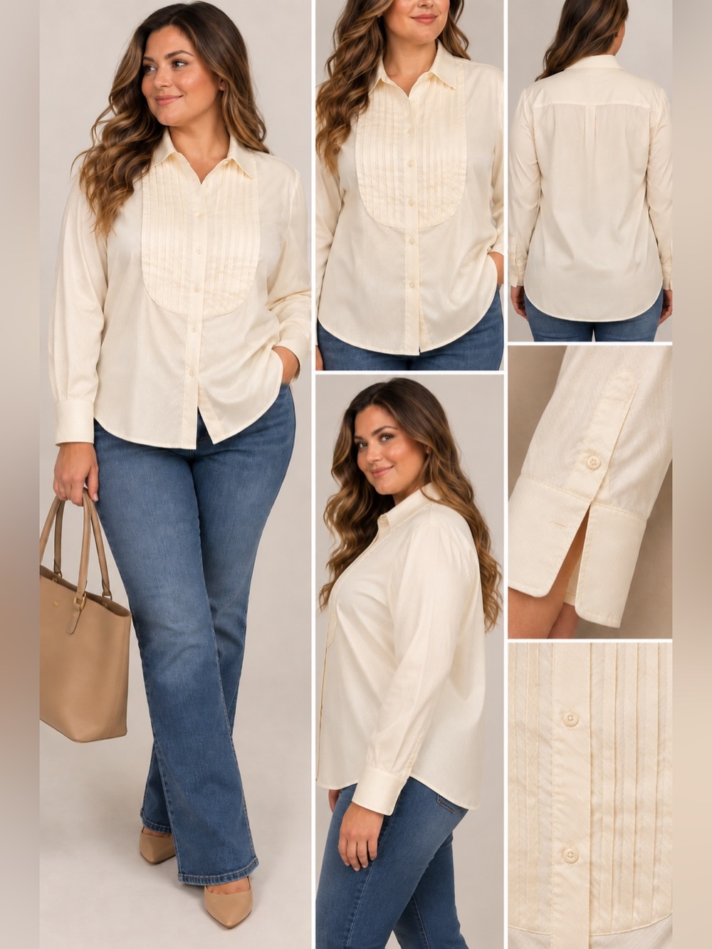 Lauren Ralph Lauren 1X Ivory Pleated Bib Front 100% Cotton Button Down